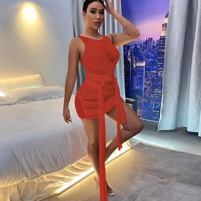Orange See Through Mesh Bodycon Mini Dress Multilayer Club Party