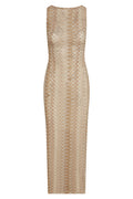 Front view of Oslo dress in Porto Cervo Gold showing fitted crochet knit pattern and sleeveless boat neck on white background