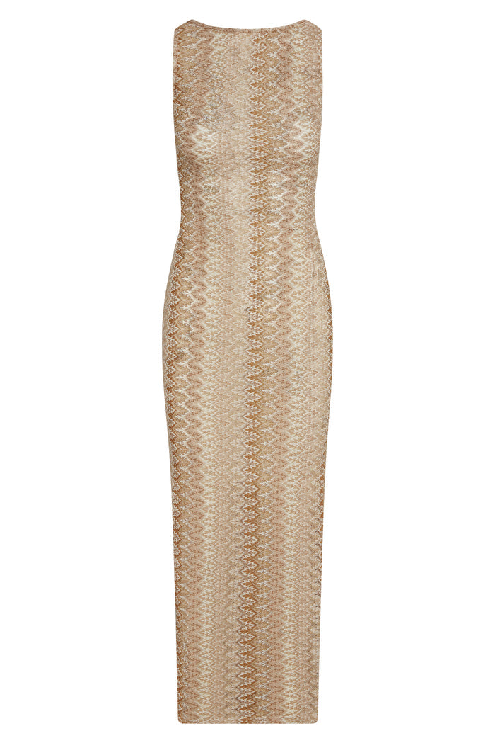 Front view of Oslo dress in Porto Cervo Gold showing fitted crochet knit pattern and sleeveless boat neck on white background