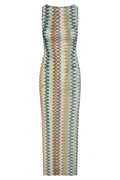 Front view of Oslo Dress in Porto Cervo Multi showcasing fitted sleeveless silhouette and multicolor zigzag knit pattern on white background