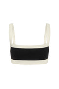 Color-block square-neck cropped bra top, black body with ivory straps and trim.