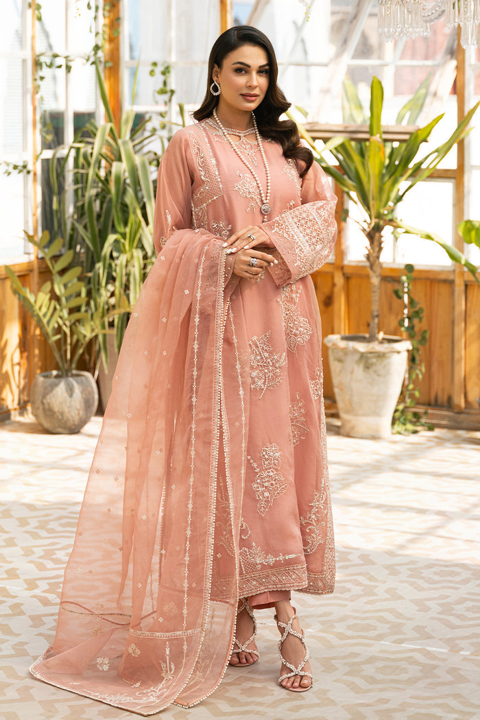 Ovate peach 3-piece formal outfit by NAQSHI, full front view with embroidered organza long shirt, straight raw silk trousers and organza dupatta, ready to wear festive eastern dress.