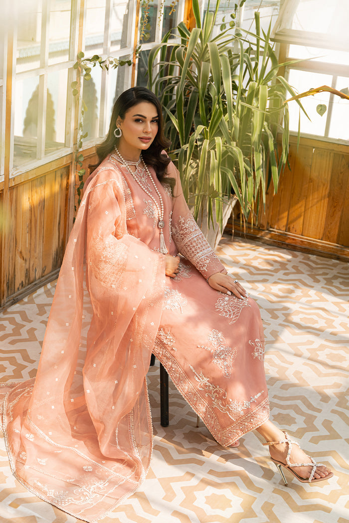 Seated styling look of Ovate ensemble featuring detailed embroidery and light organza layers, formal ready made eastern wear.