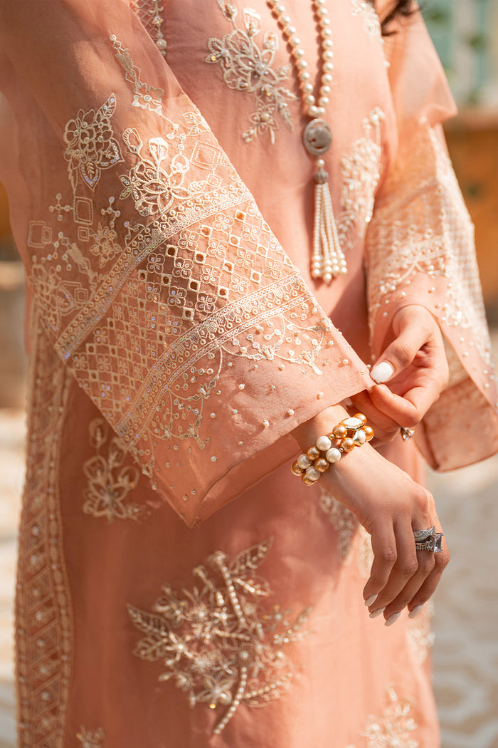 Close up detail of Ovate shirt embroidery and sleeve cutwork in peach tone, traditional ready made formal attire.