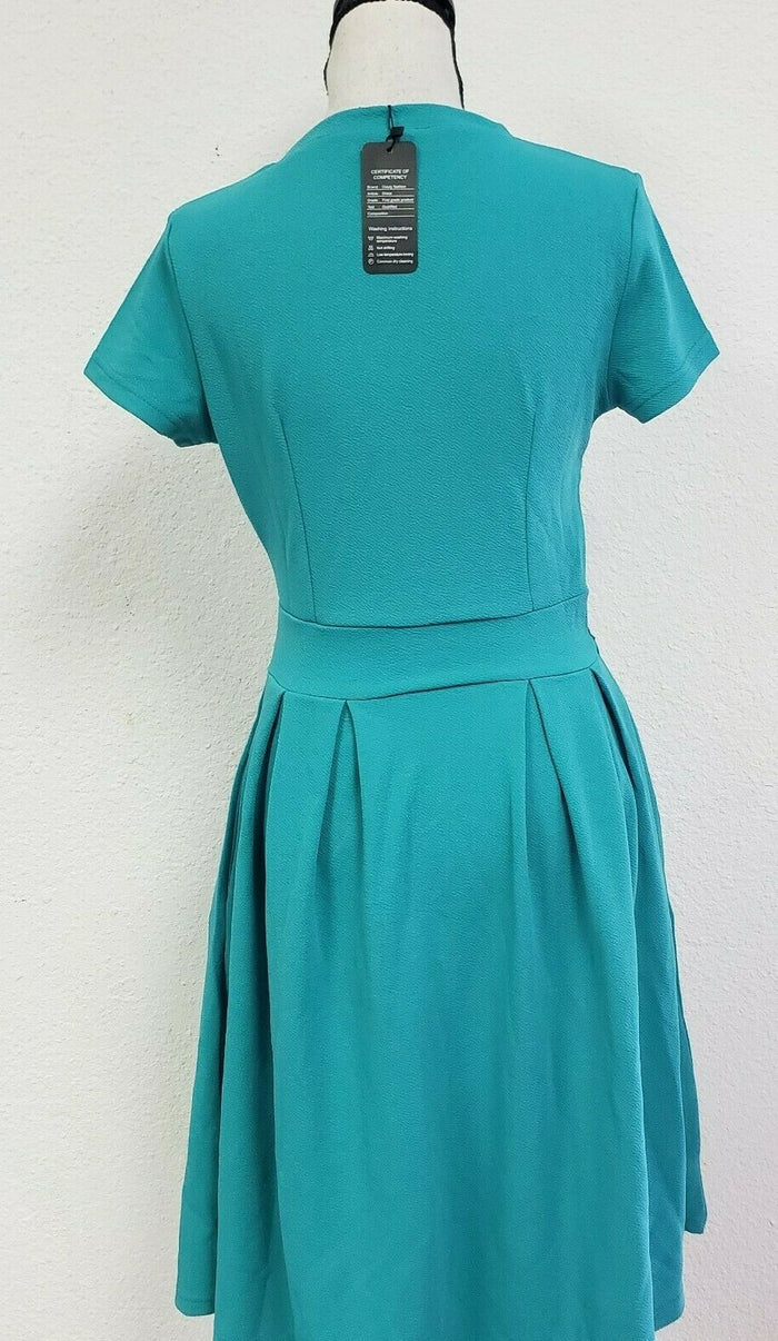 Oxiuly Women's Elegant V-Neck Casual Cocktail Party Swing Dress, Green, Small