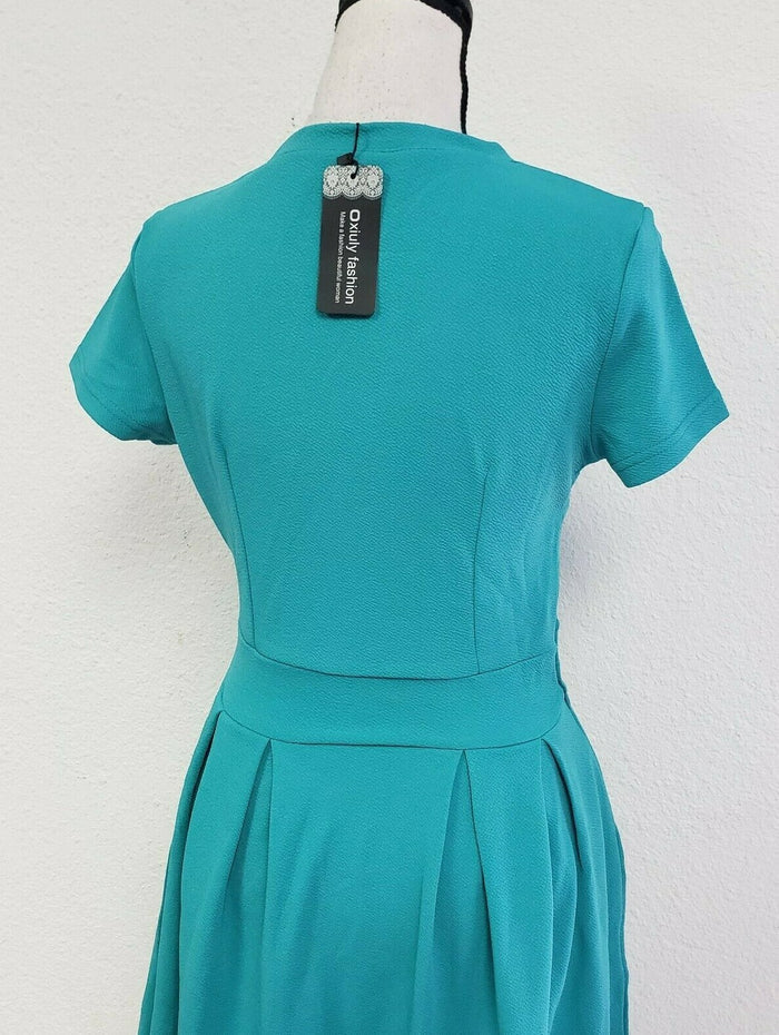 Oxiuly Women's Elegant V-Neck Casual Cocktail Party Swing Dress, Green, Small