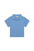 Front view of Pacific Beach kids short-sleeve button-up shirt in Azure Crinkle showing camp collar, buttons, and crinkled rayon-linen texture on white background