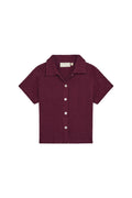 Front view of Pacific Beach Shirt Kids showcasing fig crinkle fabric, short sleeves and camp collar on white background