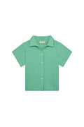 Front view of children’s Pacific Beach short-sleeve button-up shirt in pond green crinkle texture on white background
