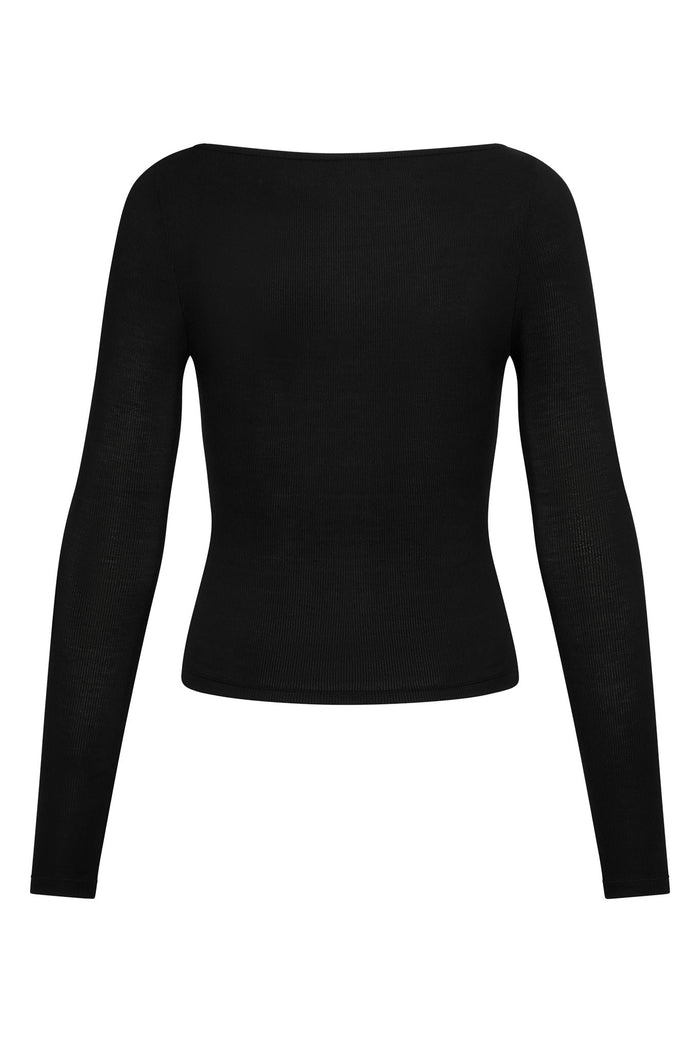 Back view of Paddington Long Sleeve in black lightweight rib showcasing boat neckline and fitted silhouette on white background