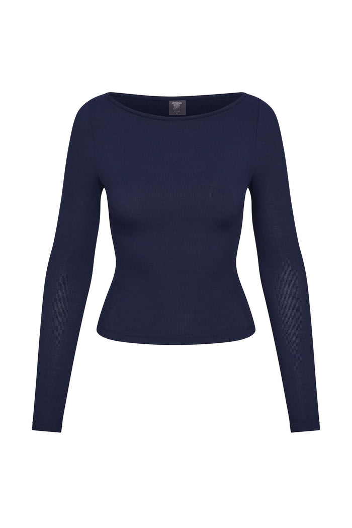 Front view of Paddington Long Sleeve top, midnight lightweight rib, boat neckline and fitted waist on white background