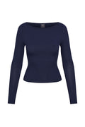 Front view of Paddington Long Sleeve top, midnight lightweight rib, boat neckline and fitted waist on white background