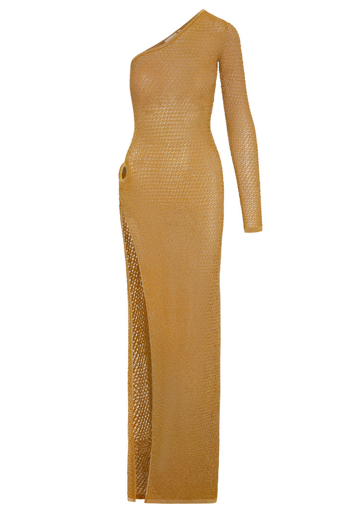Side view of Palermo Dress in antique gold showing one-shoulder, long sleeve, high side slit with ring detail on white