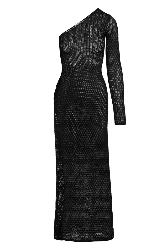 One-shoulder black crochet knit maxi dress, long sleeve, fitted silhouette with side slit