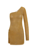 One-shoulder long-sleeve metallic knit mini dress in golden brown with side slit and decorative ring detail