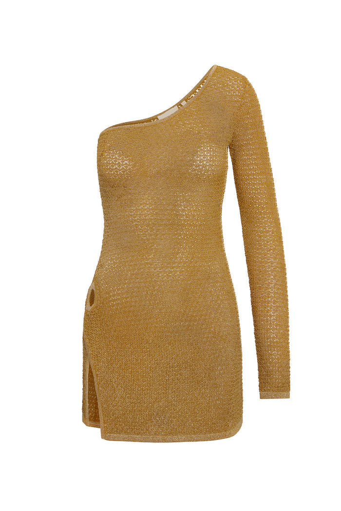 One-shoulder long-sleeve metallic knit mini dress in golden brown with side slit and decorative ring detail