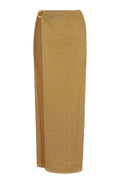 Three-quarter view of Palermo skirt in antique gold lace crochet showing high side slit and O-ring waist tie on white background
