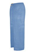 Blue ankle-length crochet knit wrap skirt with sheer textured pattern and gold ring buckle at the waist
