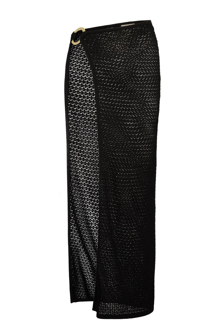 Black open-knit maxi skirt with side slit and gold ring waist detail