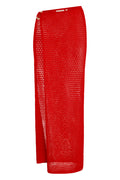 Close-up view of Palermo Skirt in Chili Pepper crochet showing side slit and gold ring on sheer fabric
