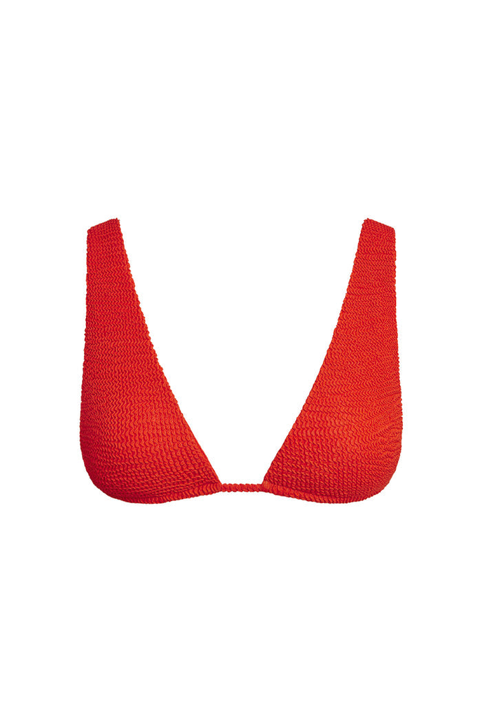 Front view of Palm Springs Top in Chili Pepper Crinkle with tall triangle cups and crinkle texture on white background