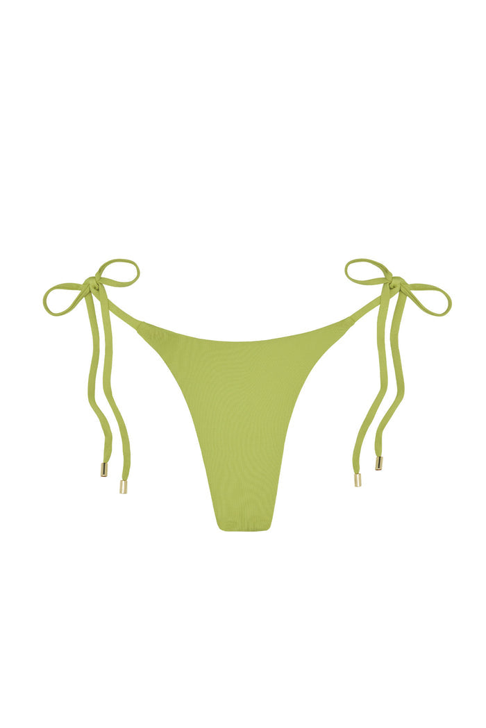Front view of Palma Bottom bikini in Apple green showcasing tie-side bows with gold hardware on white background