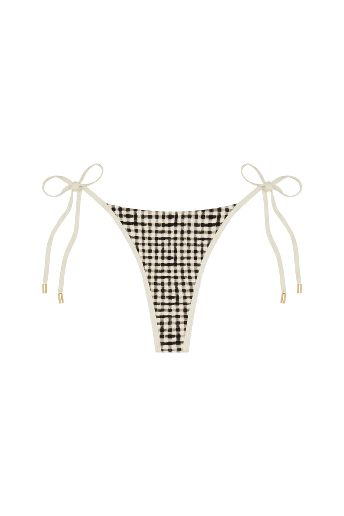 Front flat-lay of Palma Bottom in black gingham showing tie-side adjustable strings with gold hardware on white background