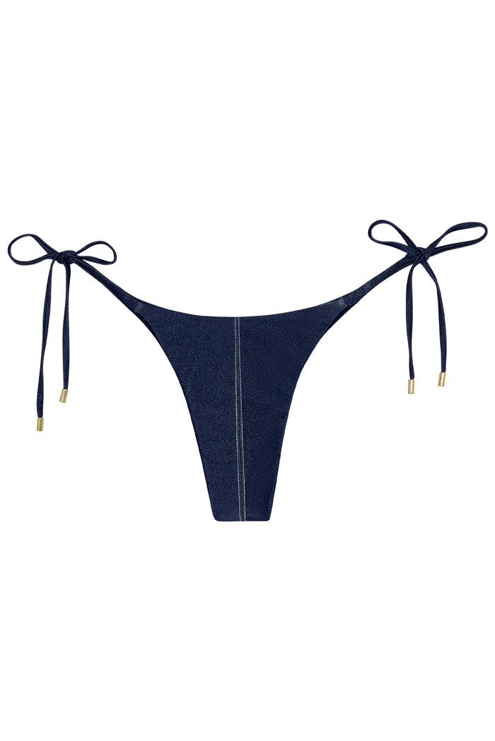 Front view of Palma Bottom tie-side bikini in blue denim with center seam and adjustable side ties with gold aglets on white background