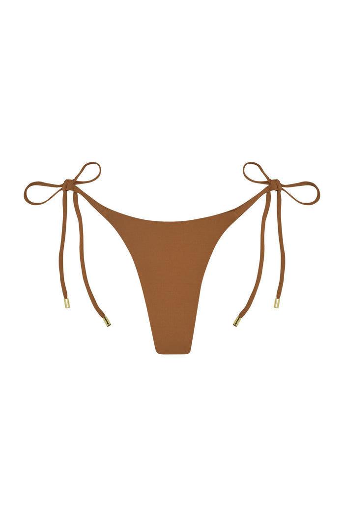 Front view of Palma Bottom in caramel showcasing high-leg thong cut and adjustable side tie straps on white background
