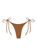 Front view of Palma Bottom in caramel showcasing high-leg thong cut and adjustable side tie straps on white background