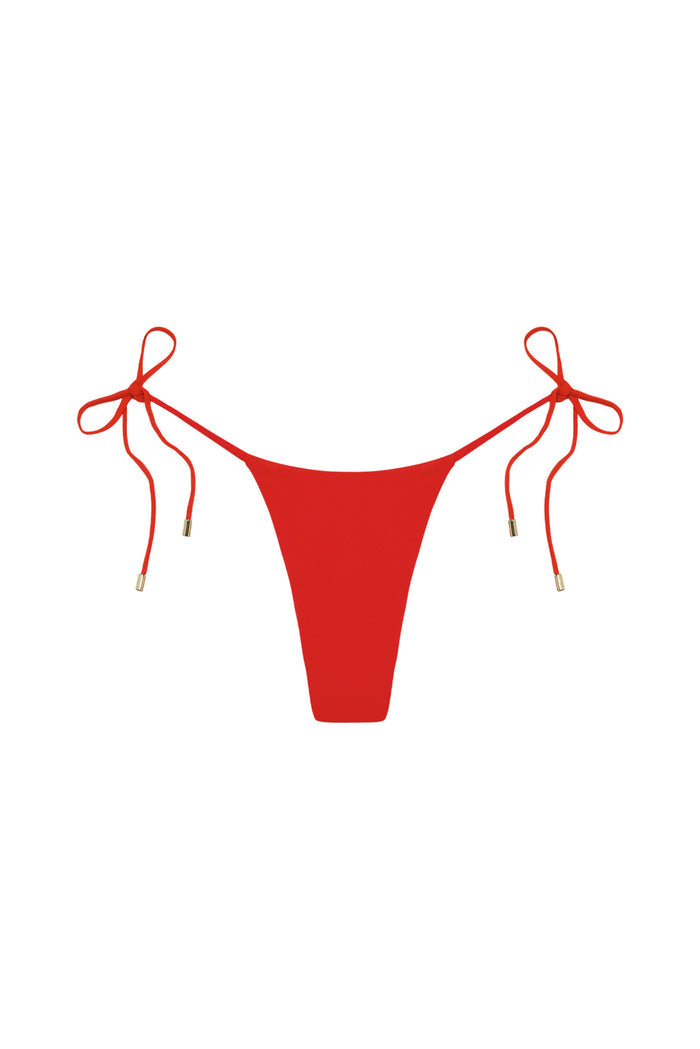 Front of Palma Bottom in Chili Pepper with adjustable tie-sides, gold caps, and cheeky high-cut fit on white background