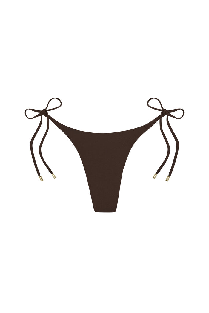 Front of Palma Bottom in espresso, low-rise high-cut bikini with side tie strings and gold-tipped ends on white background
