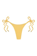 Yellow textured tie-side bikini bottom with ruched side ties and gold-tipped string ends, centered on white background.
