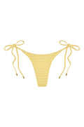 Front view of Palma Bottom in Meyer Stripe, mid-rise minimal coverage, adjustable side ties with gold hardware on white background