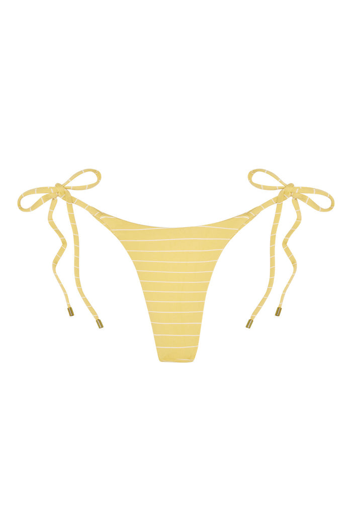 Front view of Palma Bottom in Meyer Stripe, mid-rise minimal coverage, adjustable side ties with gold hardware on white background