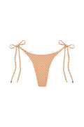 Front view of Palma Bottom micro-geo tie-side bikini bottom in orange, high-cut with adjustable side ties on white background