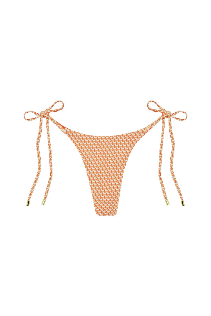 Front view of Palma Bottom micro-geo tie-side bikini bottom in orange, high-cut with adjustable side ties on white background