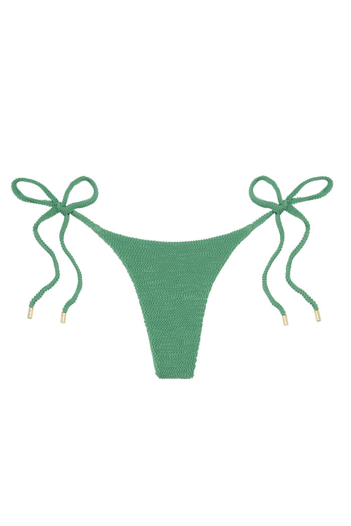 Front of Palma Bottom in Pond Crinkle green with crinkle texture, tie-side straps and gold end caps