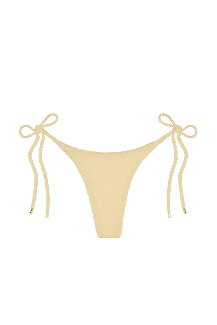 Front view of Palma tie-side bikini bottom in raffia crinkle showing textured fabric and gold-tipped ties on white background