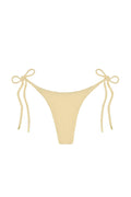 Front view of Palma tie-side bikini bottom in raffia crinkle showing textured fabric and gold-tipped ties on white background