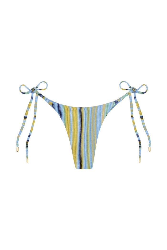 Front of Palma Bottom in Sardinia Stripe Azure showing adjustable tie sides with gold hardware and crinkle fabric on white