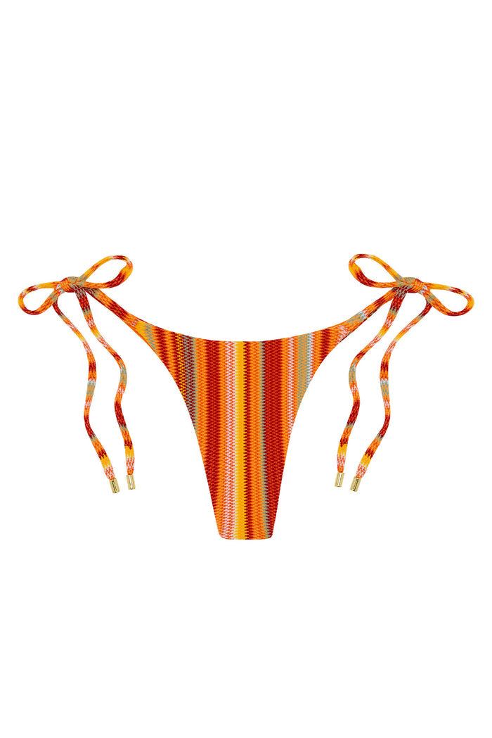 Front view of Palma Bottom in Sardinia Stripe showcasing high-cut silhouette and adjustable side tie straps on white background