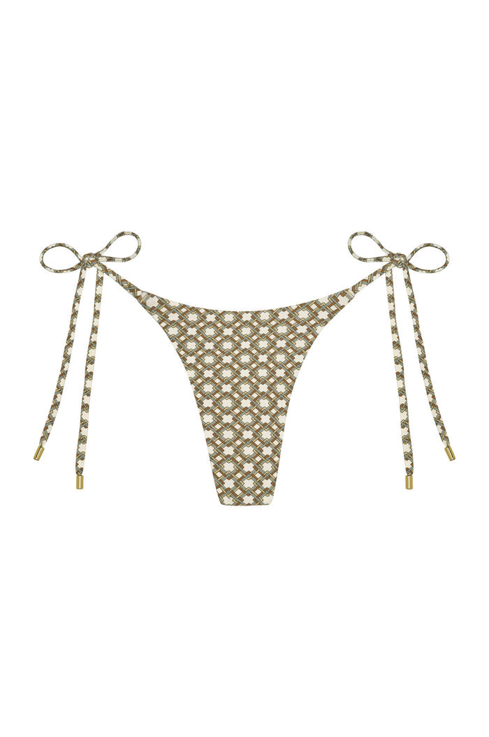 Front view of Palma Bottom in Tile Geo print showcasing low-rise tie sides with gold metal tips on a white background