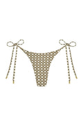 Front view of Palma Bottom in Tile Geo print showcasing low-rise tie sides with gold metal tips on a white background