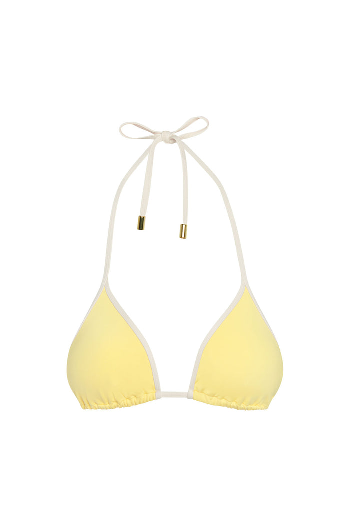 Front view of Palma Color Block Top in Meyer Ivory showcasing triangle cups with removable padding and adjustable halter ties with gold hardware on white background