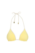 Front view of Palma Color Block Top in Meyer Ivory showcasing triangle cups with removable padding and adjustable halter ties with gold hardware on white background