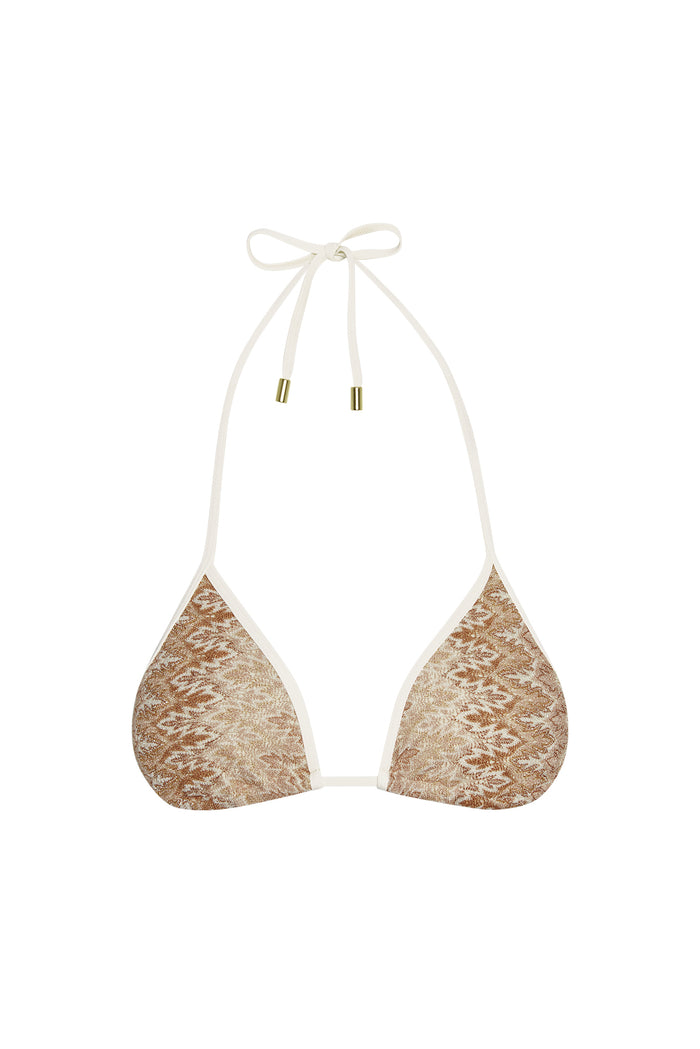 Front view of Palma Color Block top Porto Cervo Gold, triangle cups with cream trim and halter tie with gold metal tips on white
