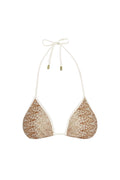 Front view of Palma Color Block top Porto Cervo Gold, triangle cups with cream trim and halter tie with gold metal tips on white