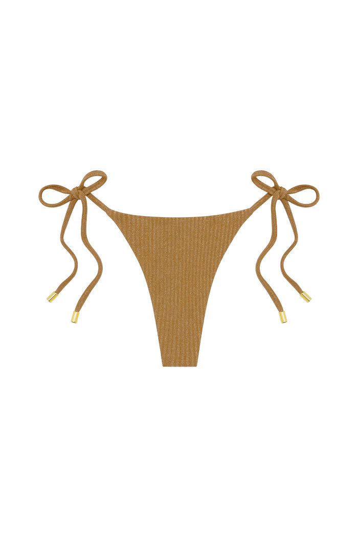 Front view of Palma thong in antique gold Lurex rib, ribbed fabric and side tie straps with gold metal tips on white background