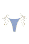 Light blue triangle bikini bottom with cream tie-side straps and gold metal end caps